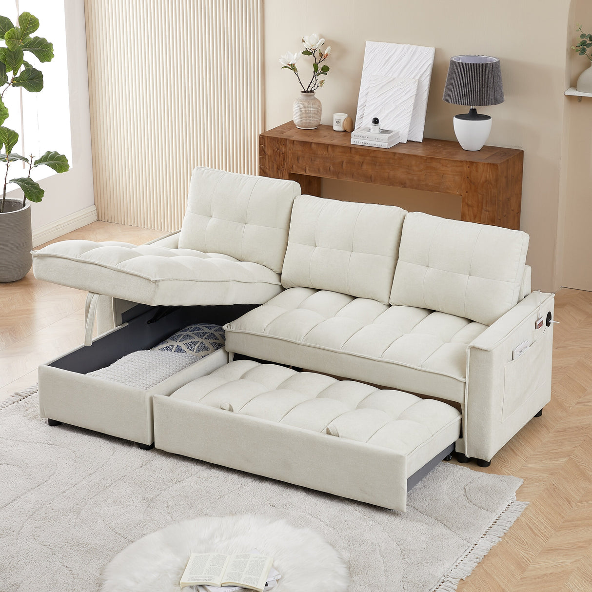Beige 78.75'' L-Shaped 3 Seater Reclining Sofa Bed with Chaise, USB Ports, Hidden Storage and Arm Pocket Organizer