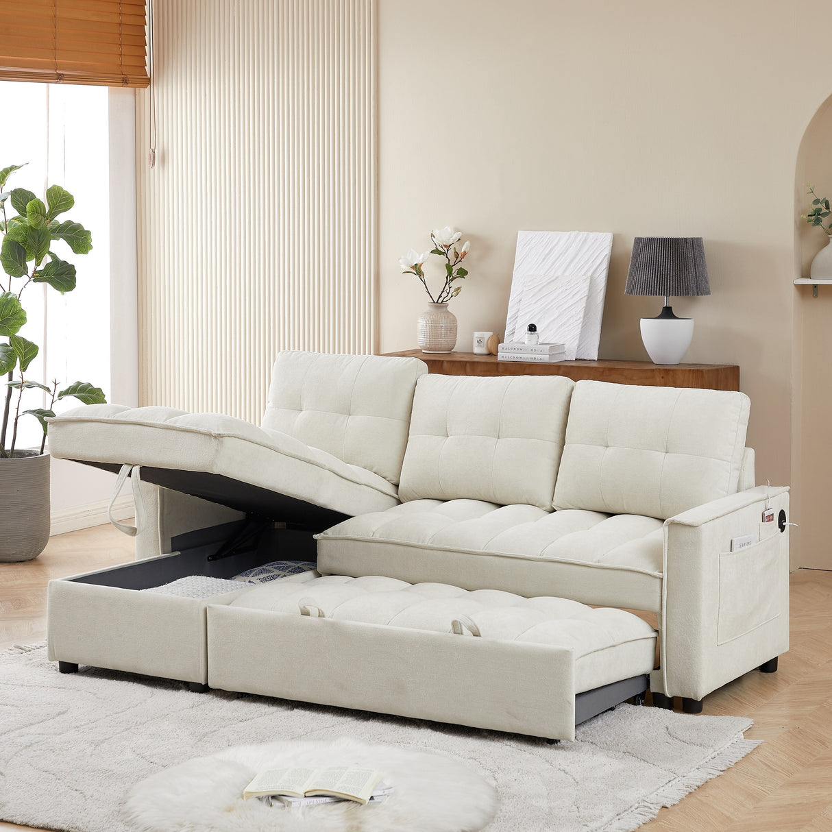 Beige 78.75'' L-Shaped 3 Seater Reclining Sofa Bed with Chaise, USB Ports, Hidden Storage and Arm Pocket Organizer