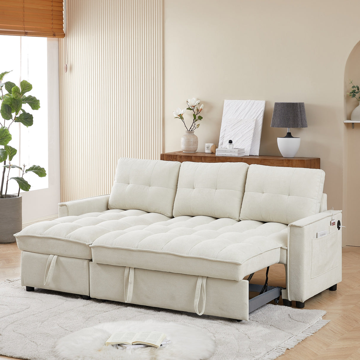 Beige 78.75'' L-Shaped 3 Seater Reclining Sofa Bed with Chaise, USB Ports, Hidden Storage and Arm Pocket Organizer