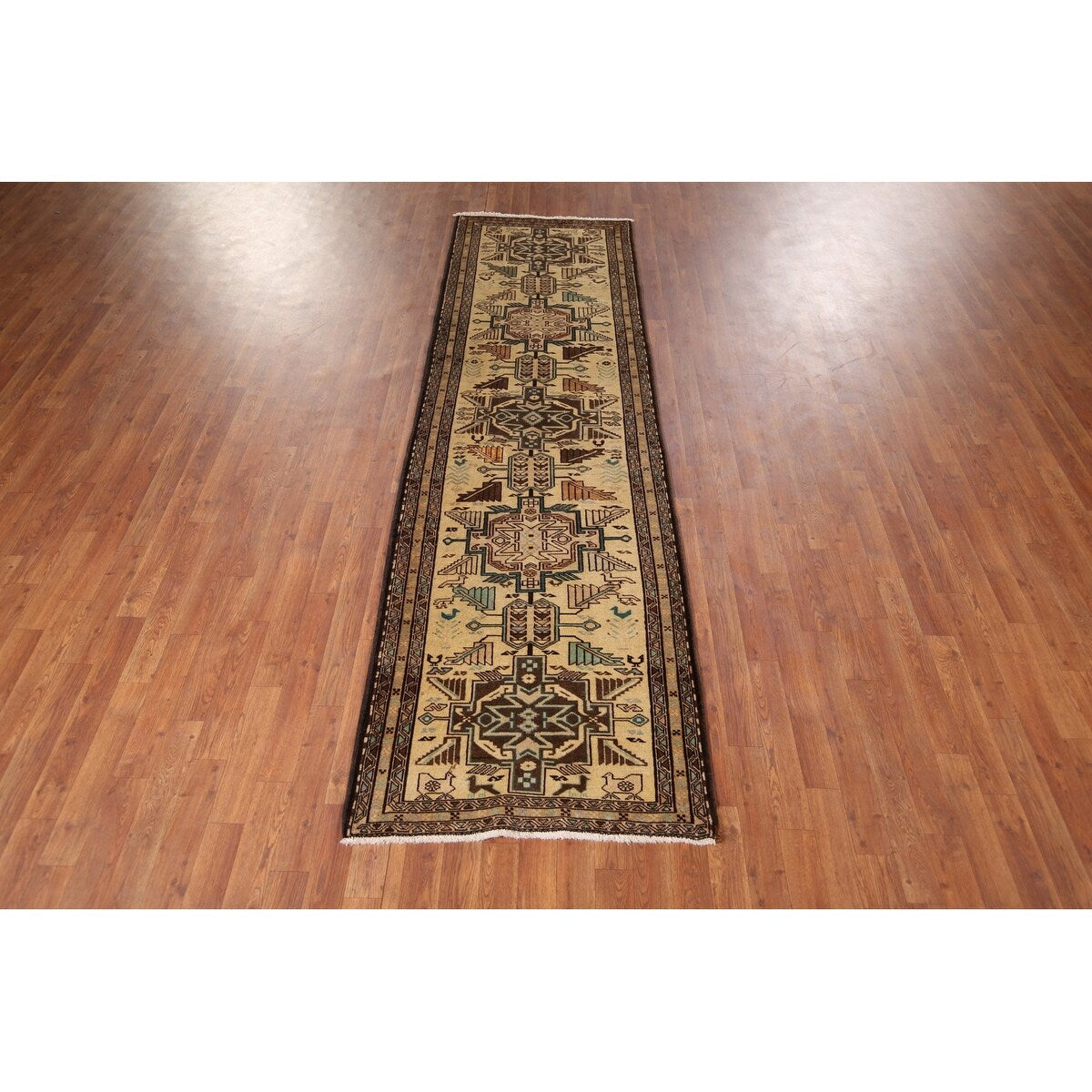 Beige Ardebil Vintage Persian Runner Rug Handmade Tribal Wool Carpet - 2'10" x 9'5"