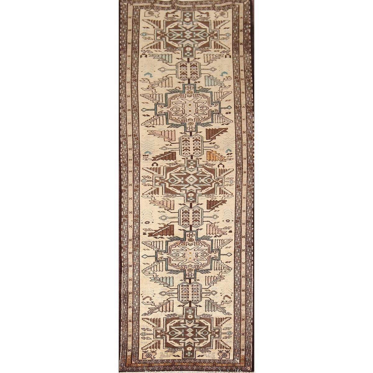 Beige Ardebil Vintage Persian Runner Rug Handmade Tribal Wool Carpet - 2'10" x 9'5"