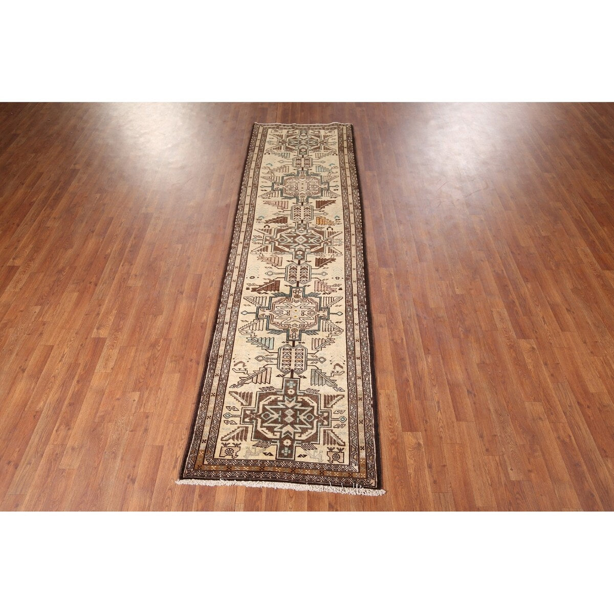 Beige Ardebil Vintage Persian Runner Rug Handmade Tribal Wool Carpet - 2'10" x 9'5"
