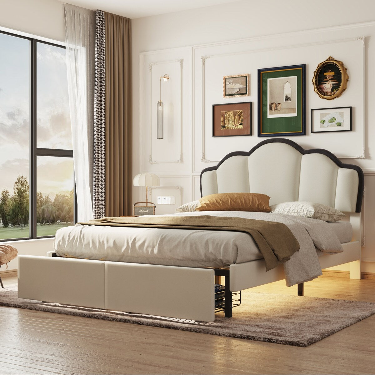 Beige Full Upholstered Princess Bed with LED and 2 Drawers Overstock