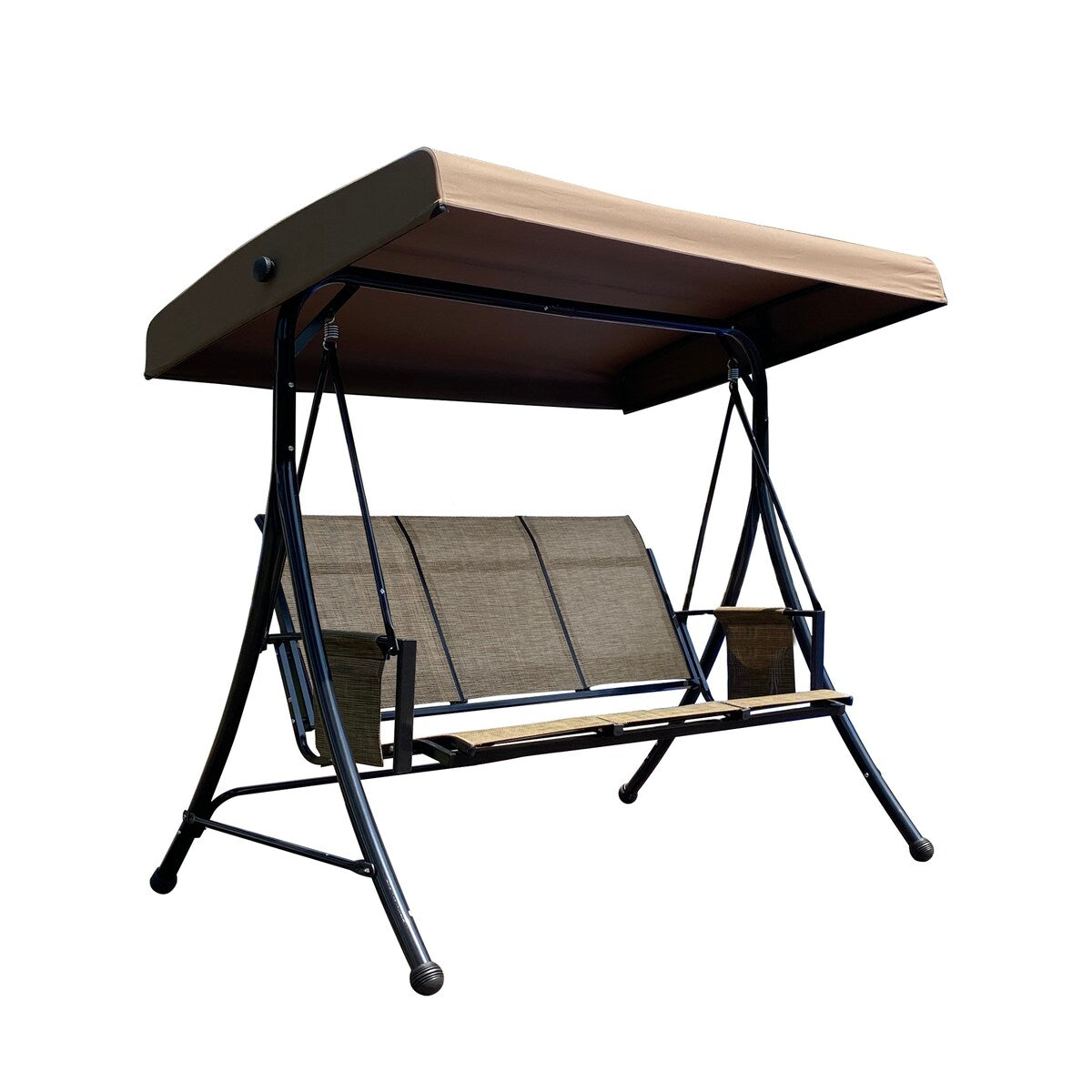 Beige Outdoor Porch Swing Chair With Side Bags and Adjustable Canopy