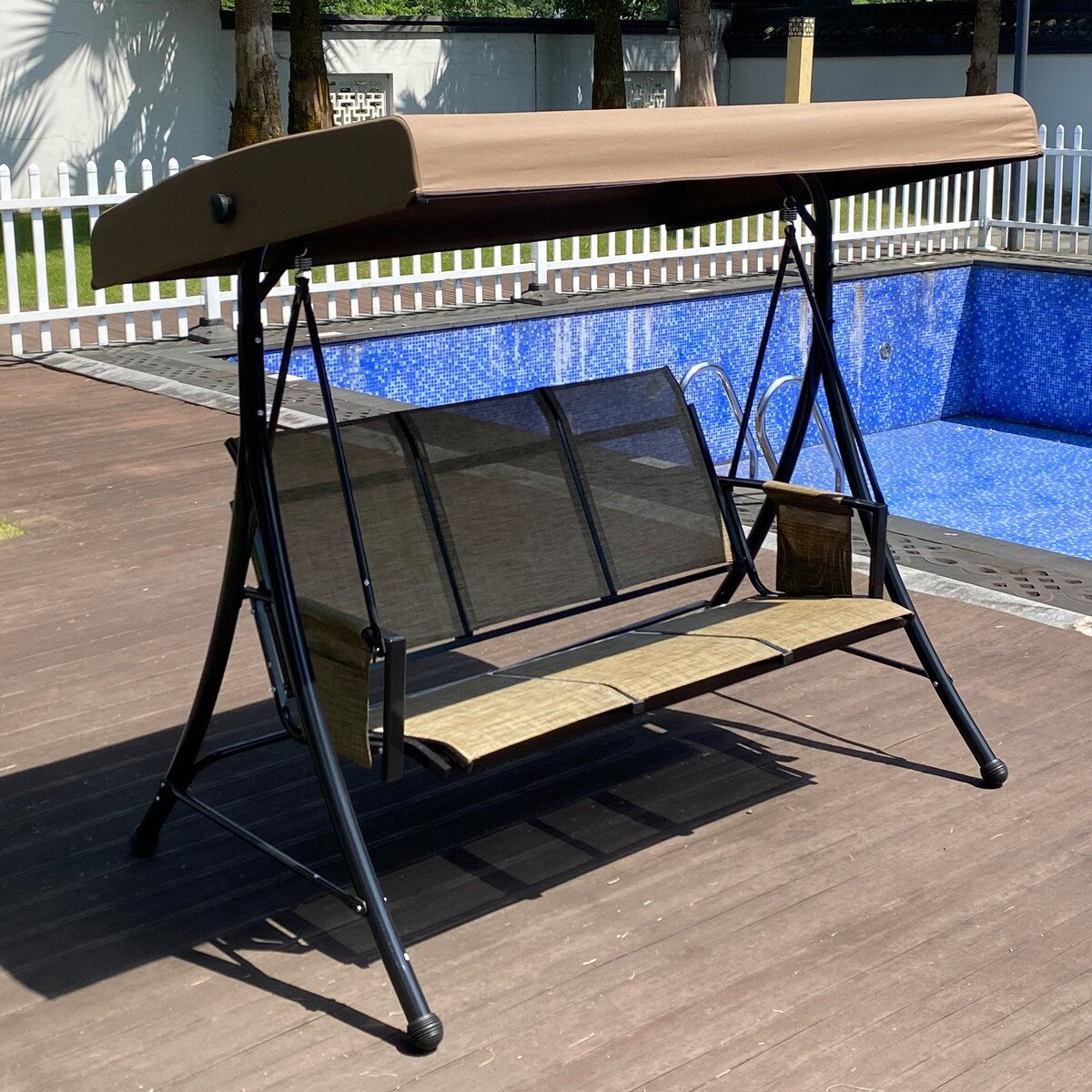 Beige Outdoor Porch Swing Chair With Side Bags and Adjustable Canopy