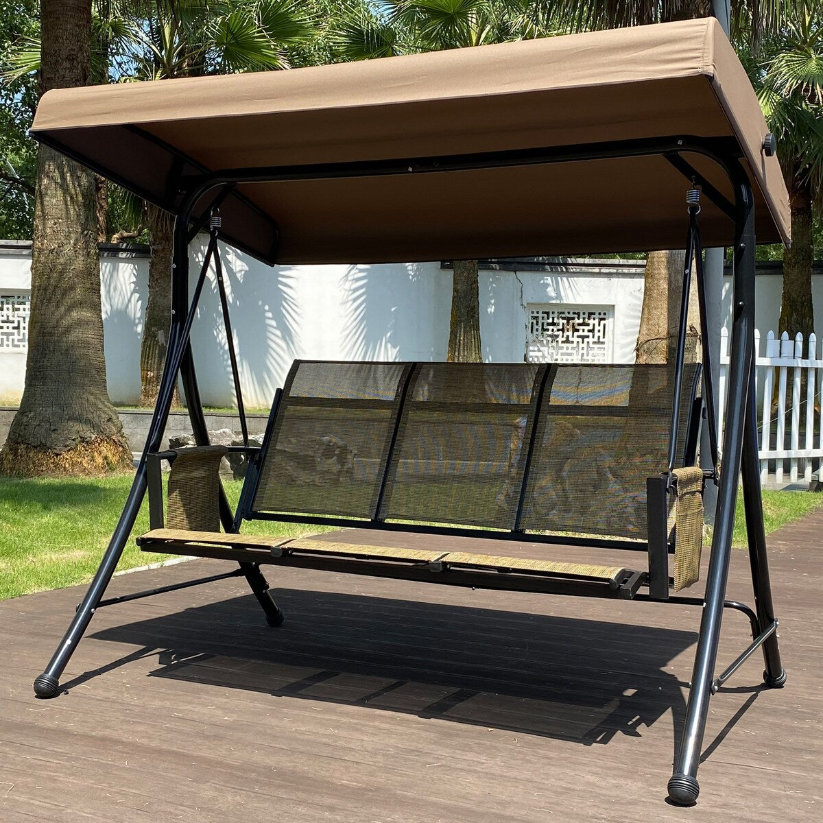 Beige Outdoor Porch Swing Chair With Side Bags and Adjustable Canopy
