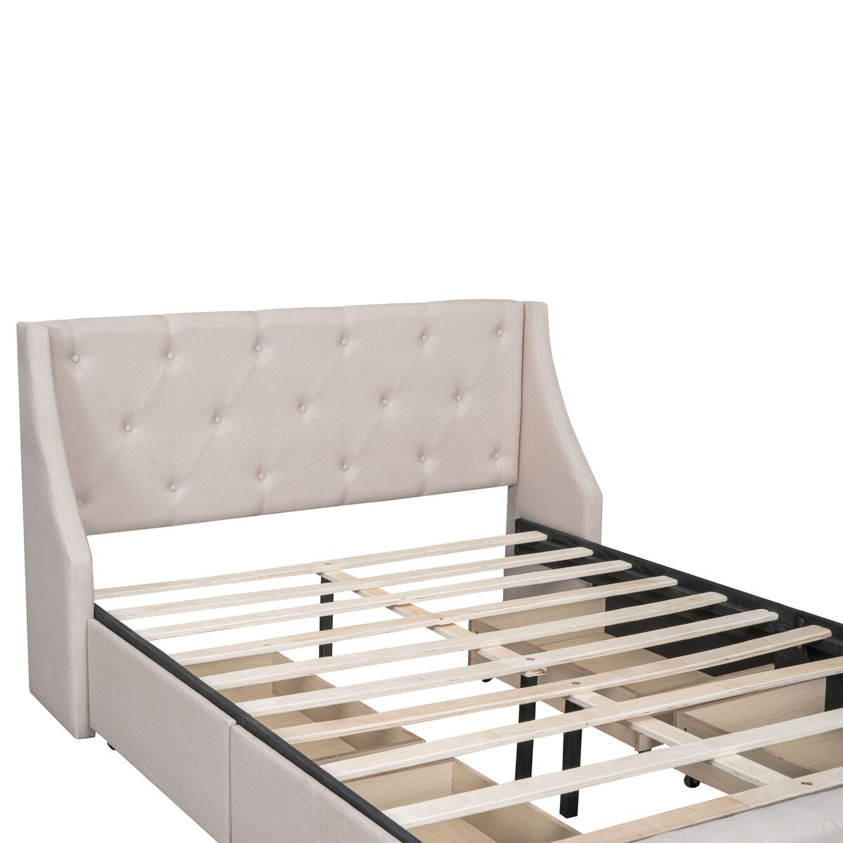 Beige Queen Linen Upholstered Bed with Wingback Headboard & 4 Drawers