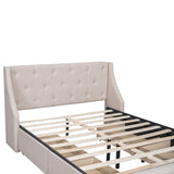 Beige Queen Linen Upholstered Bed with Wingback Headboard & 4 Drawers