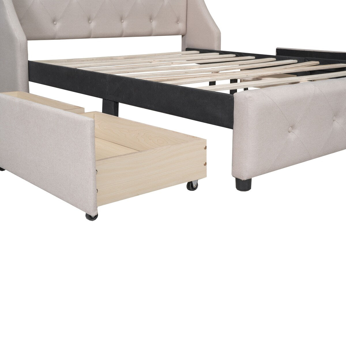 Beige Queen Linen Upholstered Bed with Wingback Headboard & 4 Drawers