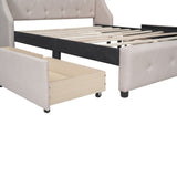 Beige Queen Linen Upholstered Bed with Wingback Headboard & 4 Drawers