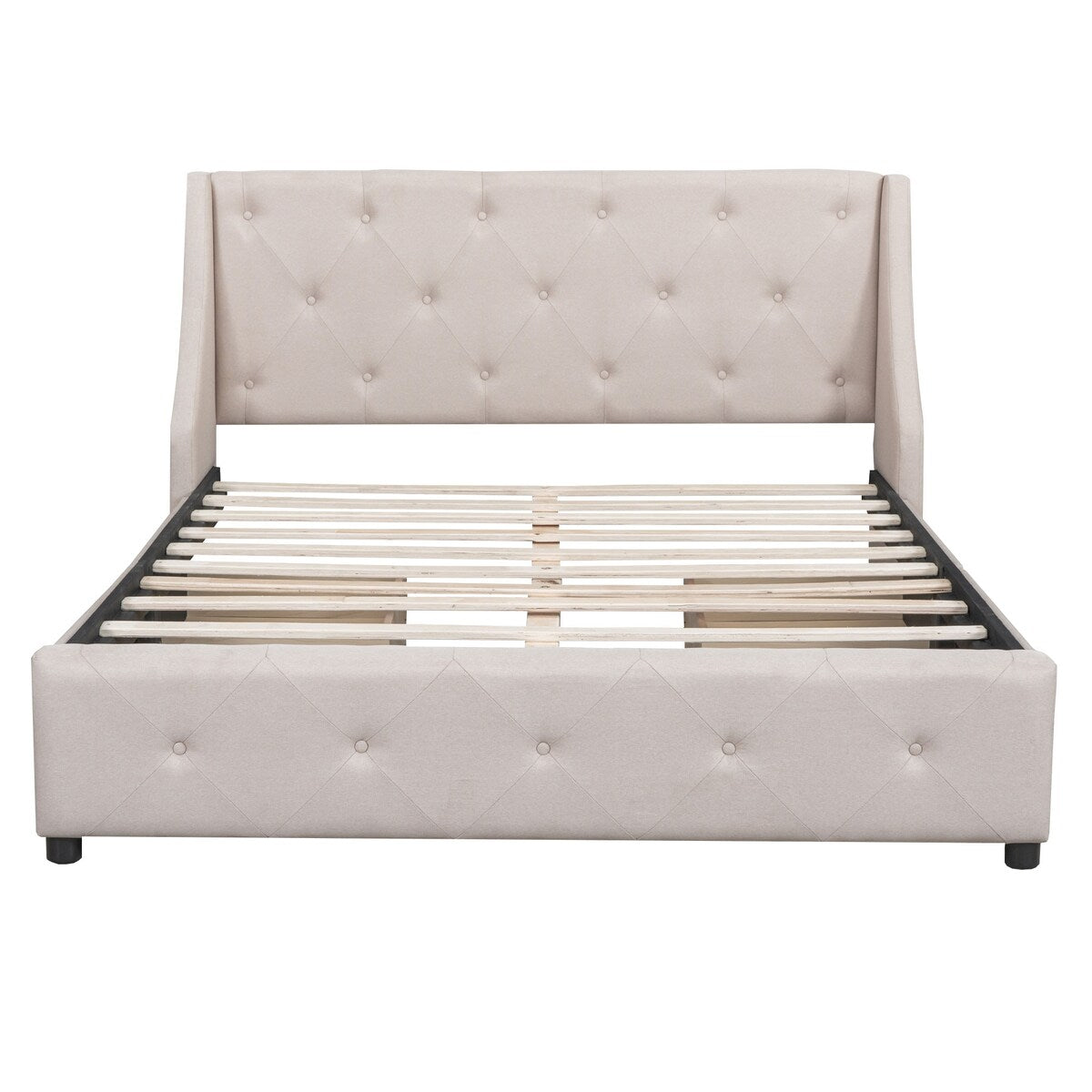 Beige Queen Linen Upholstered Bed with Wingback Headboard & 4 Drawers