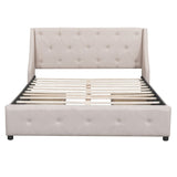 Beige Queen Linen Upholstered Bed with Wingback Headboard & 4 Drawers