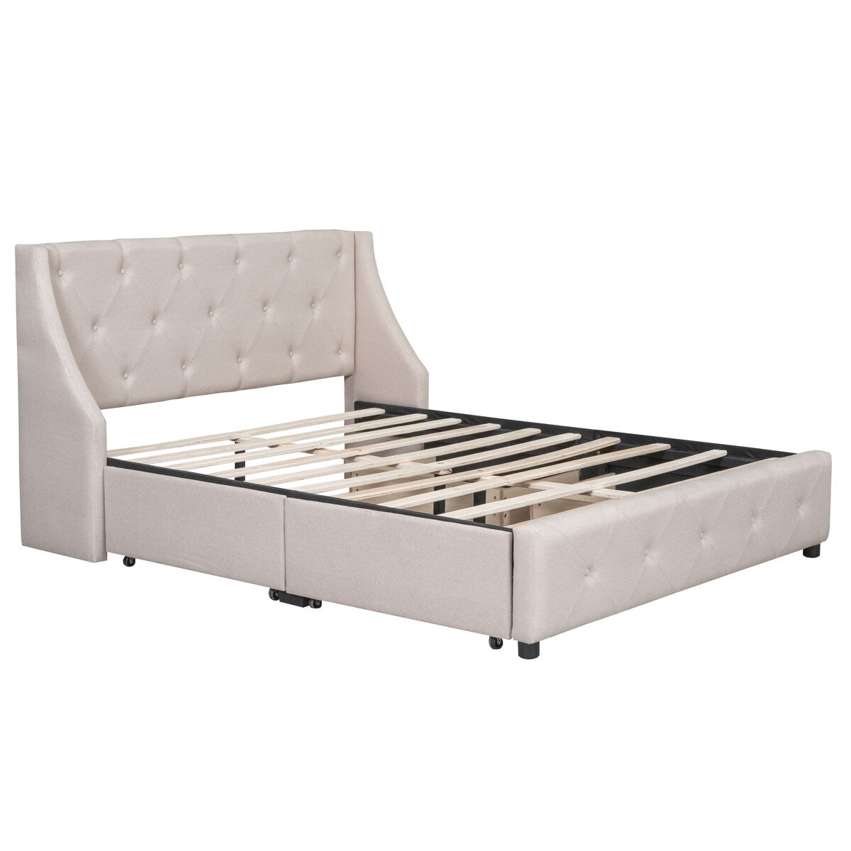 Beige Queen Linen Upholstered Bed with Wingback Headboard & 4 Drawers