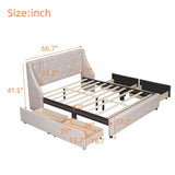 Beige Queen Linen Upholstered Bed with Wingback Headboard & 4 Drawers