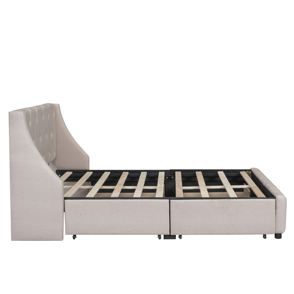 Beige Queen Linen Upholstered Bed with Wingback Headboard & 4 Drawers