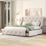 Beige Queen Linen Upholstered Bed with Wingback Headboard & 4 Drawers