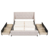 Beige Queen Linen Upholstered Bed with Wingback Headboard & 4 Drawers