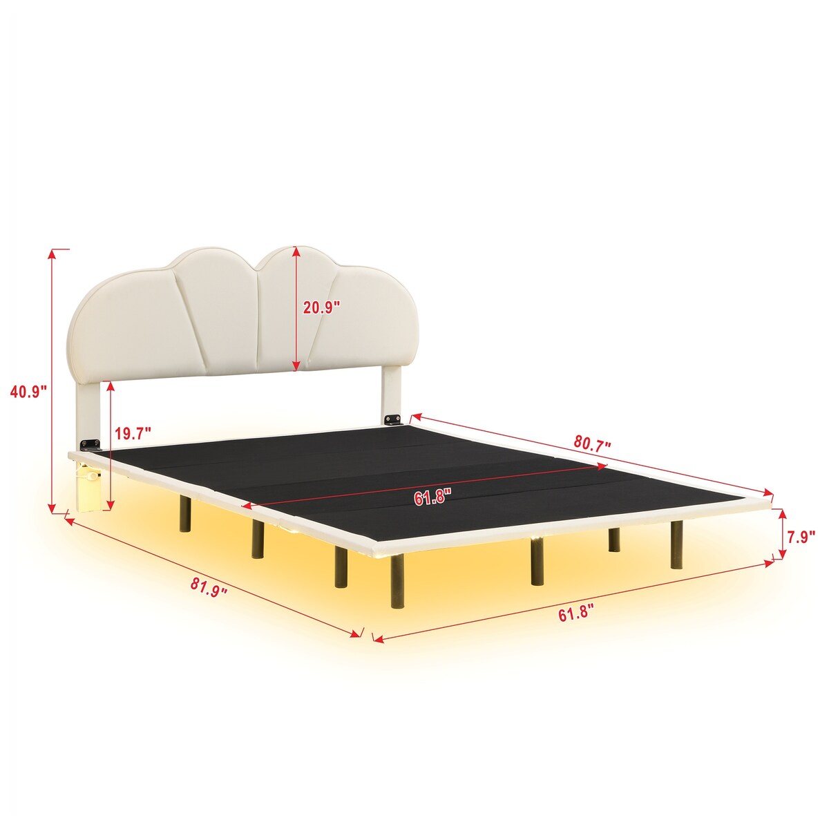 Beige Queen Size/ Upholstered LED Floating Bed with PU Leather Headboard, /Green