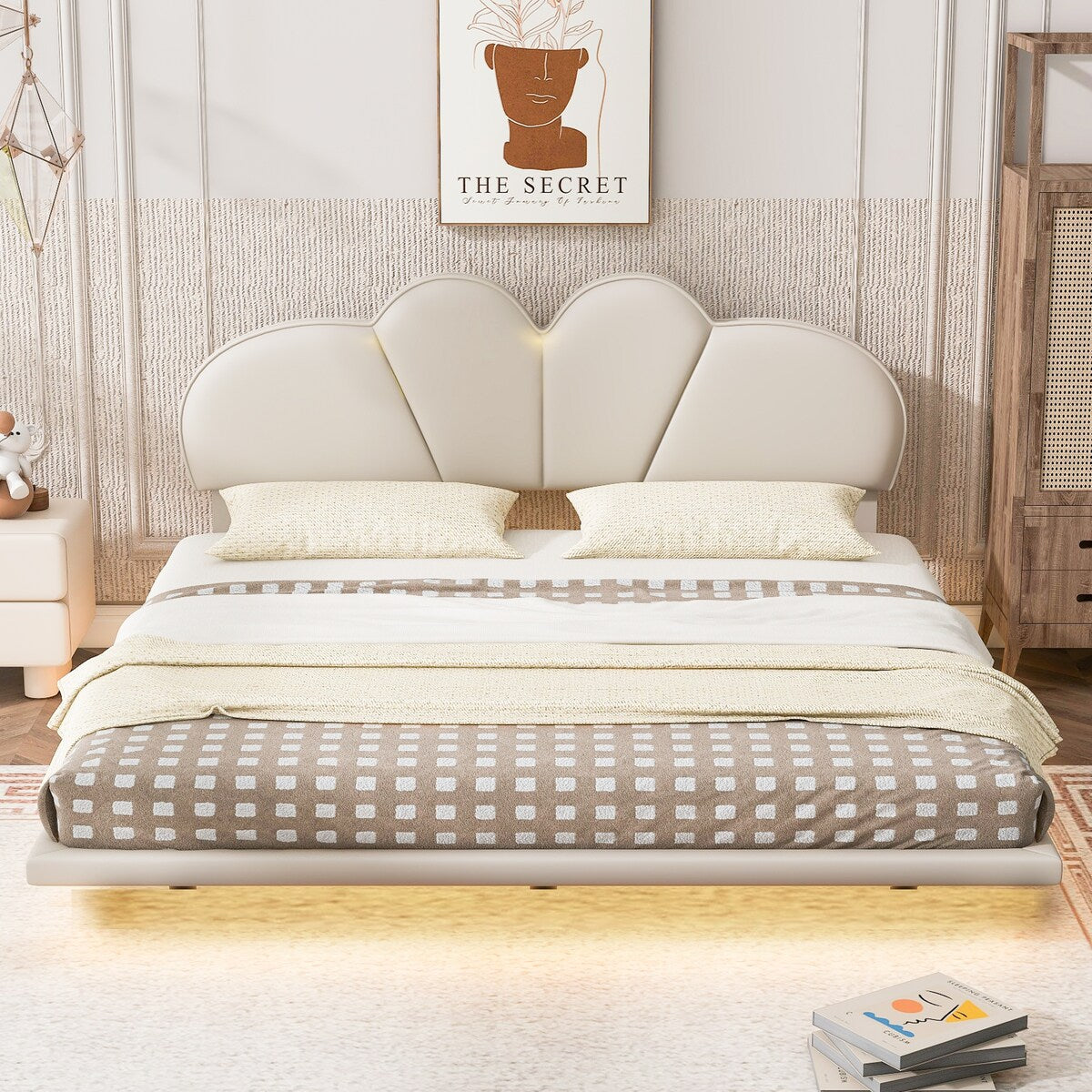 Beige Queen Size/ Upholstered LED Floating Bed with PU Leather Headboard, /Green
