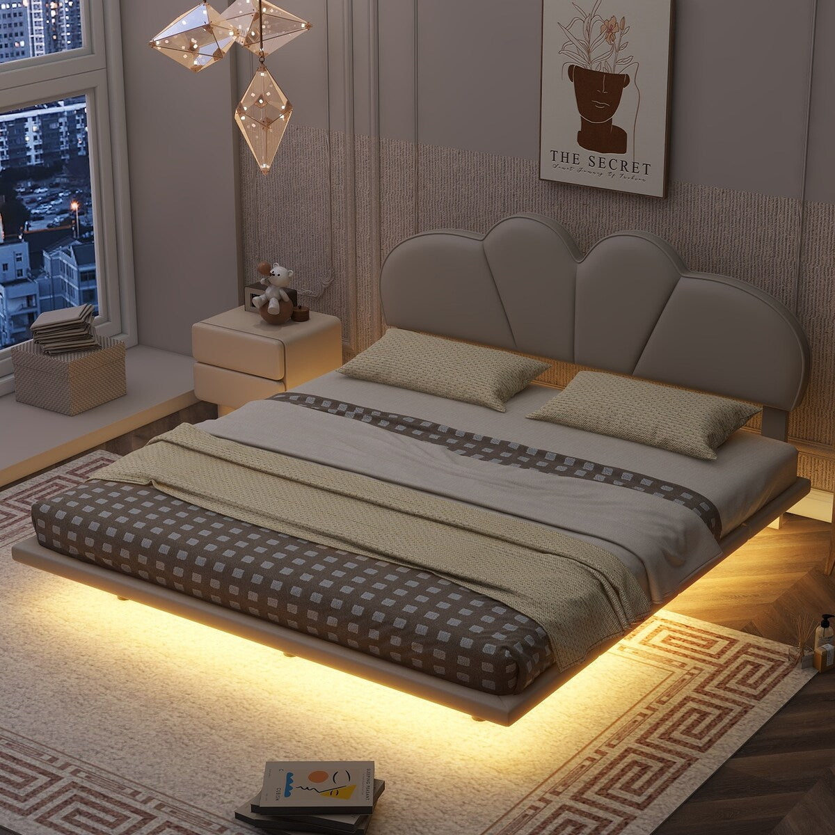 Beige Queen Size/ Upholstered LED Floating Bed with PU Leather Headboard, /Green