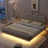 Beige Queen Size/ Upholstered LED Floating Bed with PU Leather Headboard, /Green