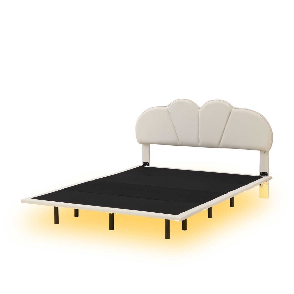 Beige Queen Size/ Upholstered LED Floating Bed with PU Leather Headboard, /Green