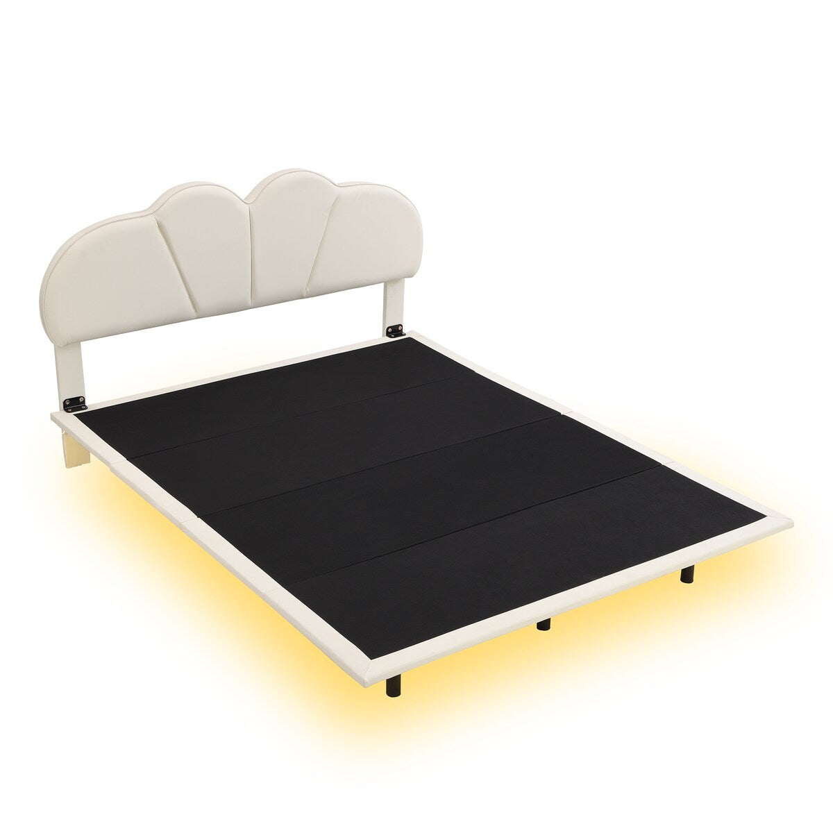 Beige Queen Size/ Upholstered LED Floating Bed with PU Leather Headboard, /Green