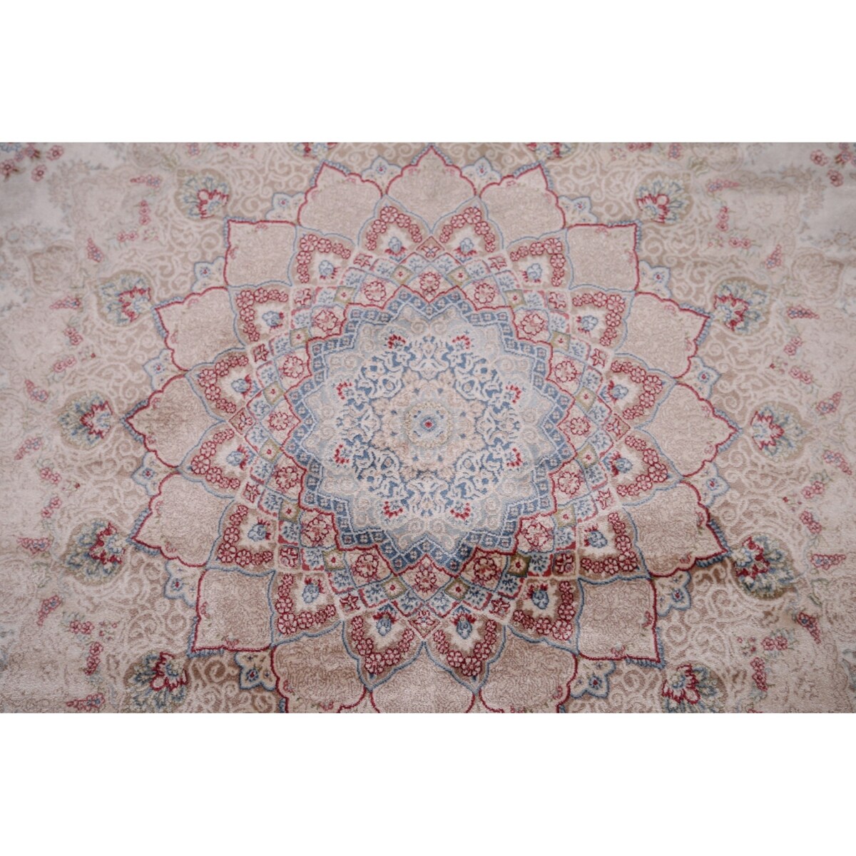 Beige Qum Turkish Rug Machine Made Silk & Polyester Carpet - 5'1" x 7'6"