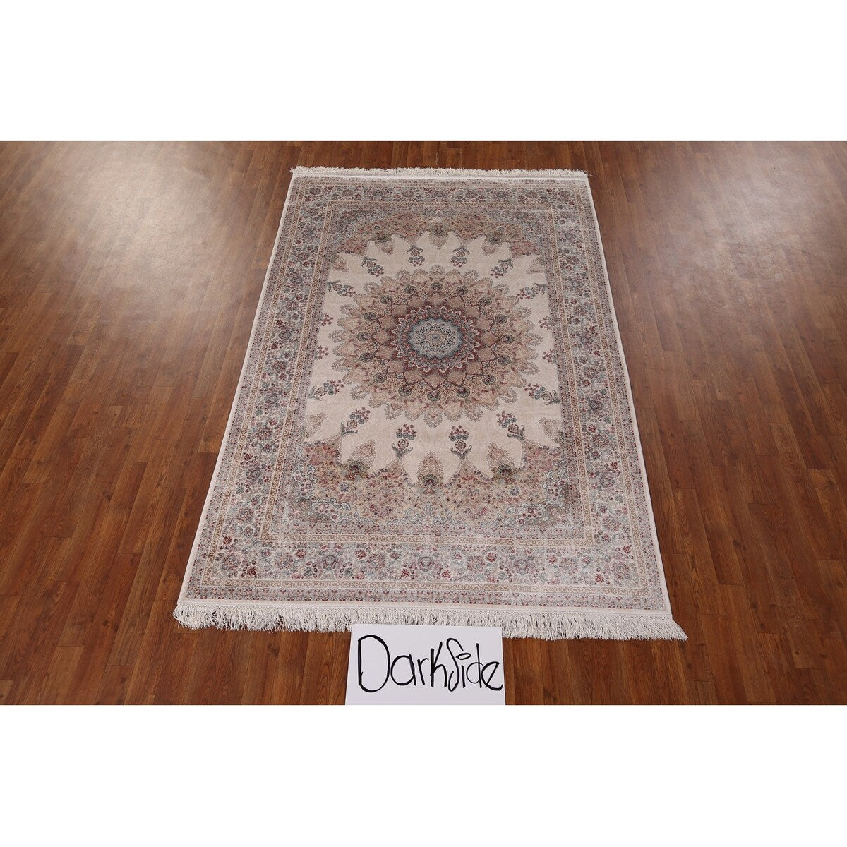 Beige Qum Turkish Rug Machine Made Silk & Polyester Carpet - 5'1" x 7'6"