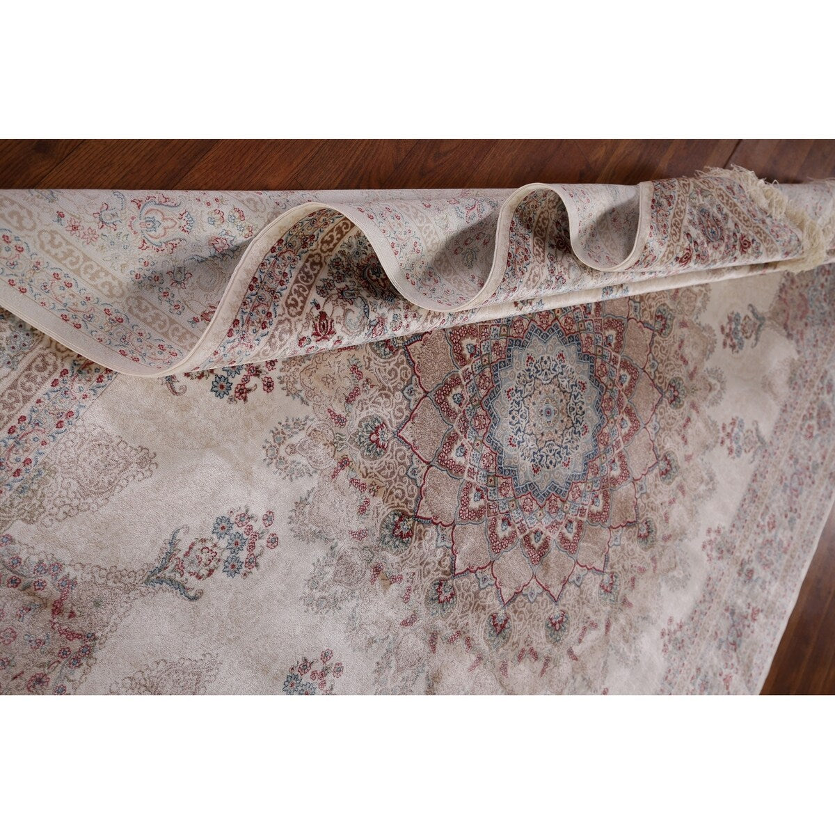 Beige Qum Turkish Rug Machine Made Silk & Polyester Carpet - 5'1" x 7'6"
