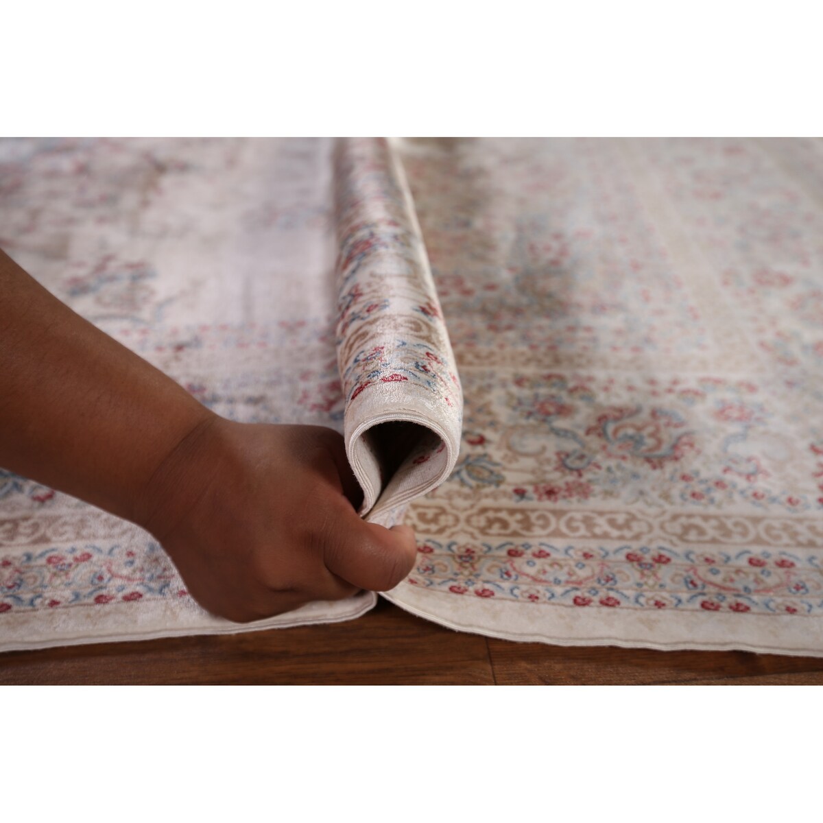 Beige Qum Turkish Rug Machine Made Silk & Polyester Carpet - 5'1" x 7'6"