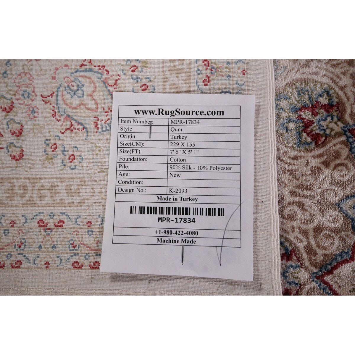 Beige Qum Turkish Rug Machine Made Silk & Polyester Carpet - 5'1" x 7'6"