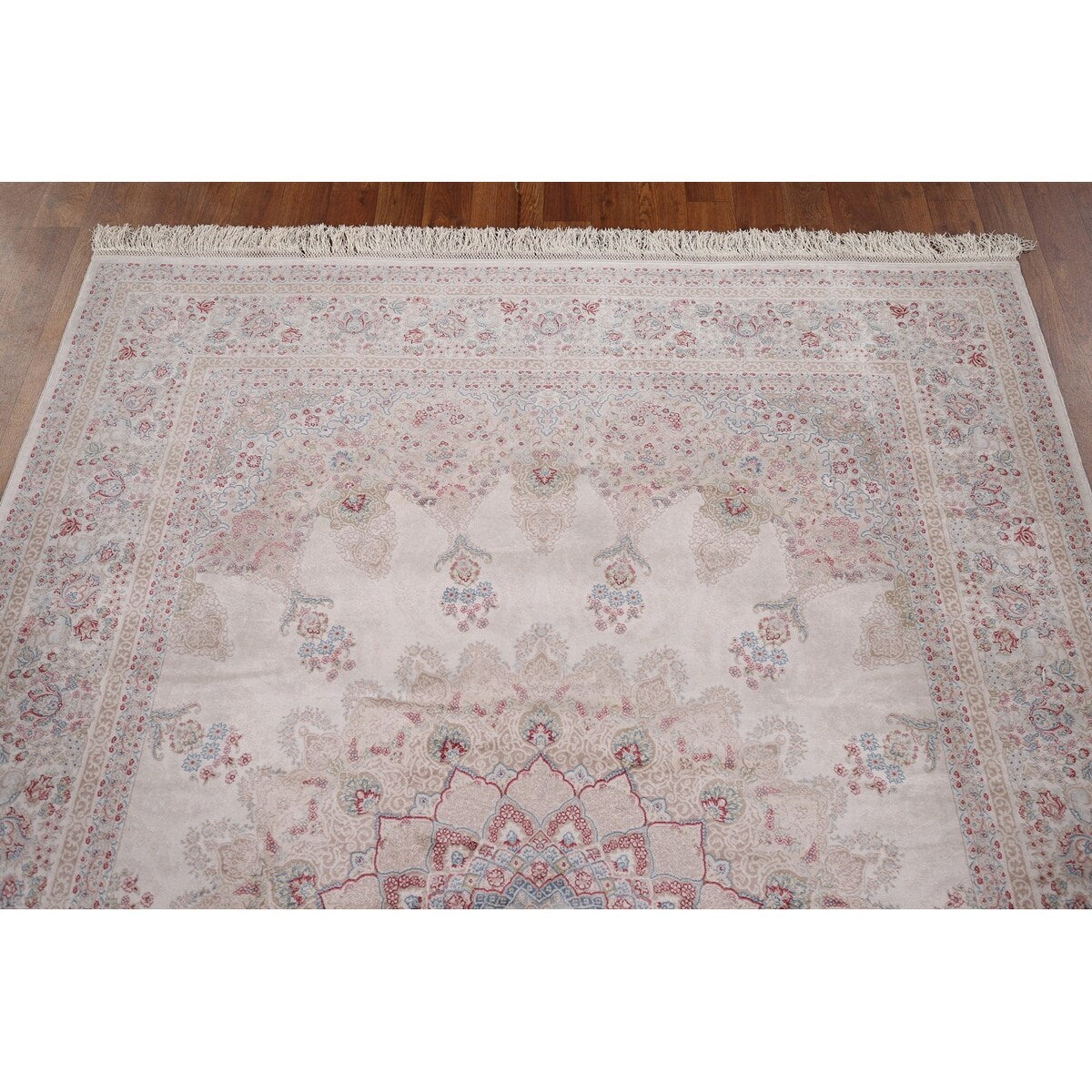 Beige Qum Turkish Rug Machine Made Silk & Polyester Carpet - 5'1" x 7'6"