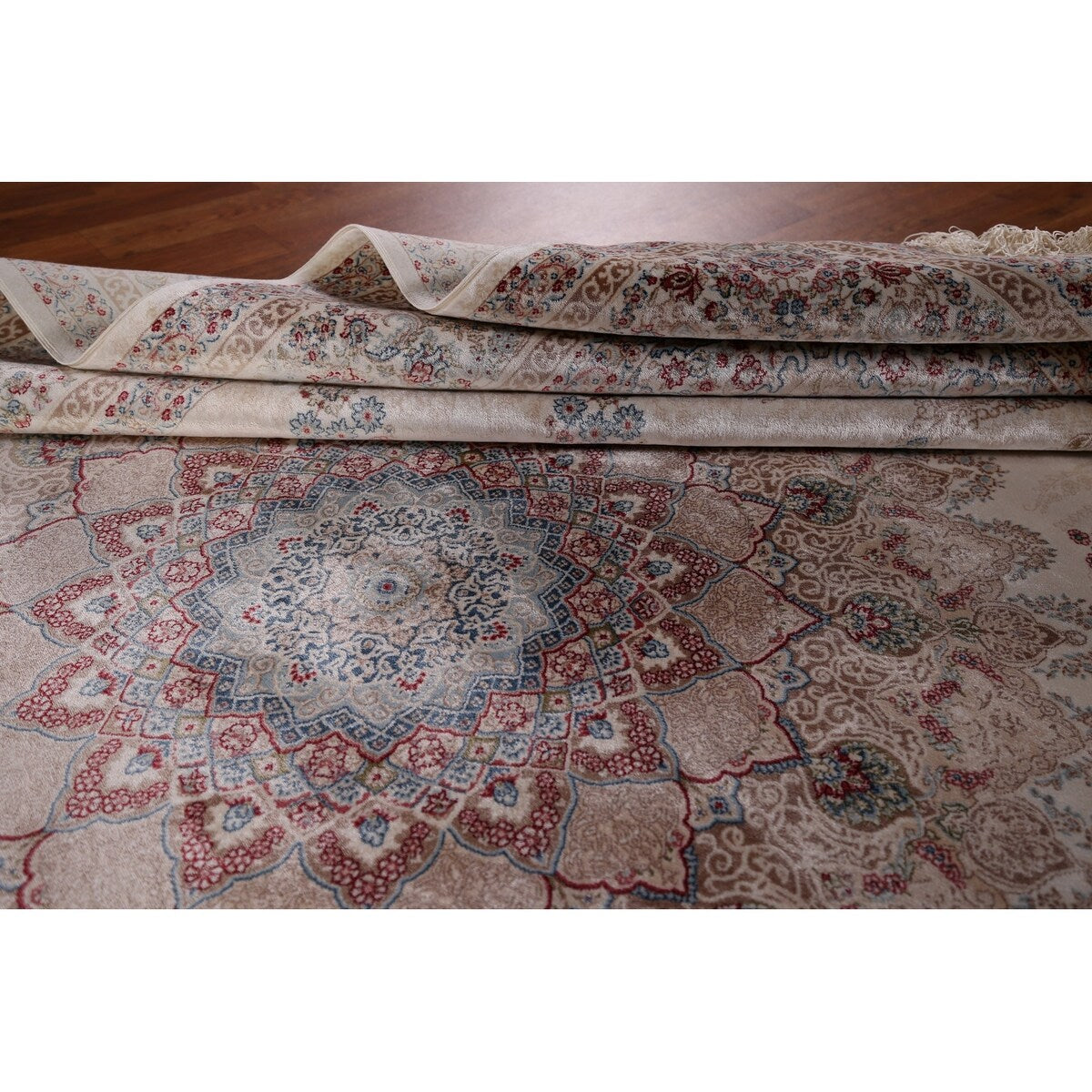 Beige Qum Turkish Rug Machine Made Silk & Polyester Carpet - 5'1" x 7'6"