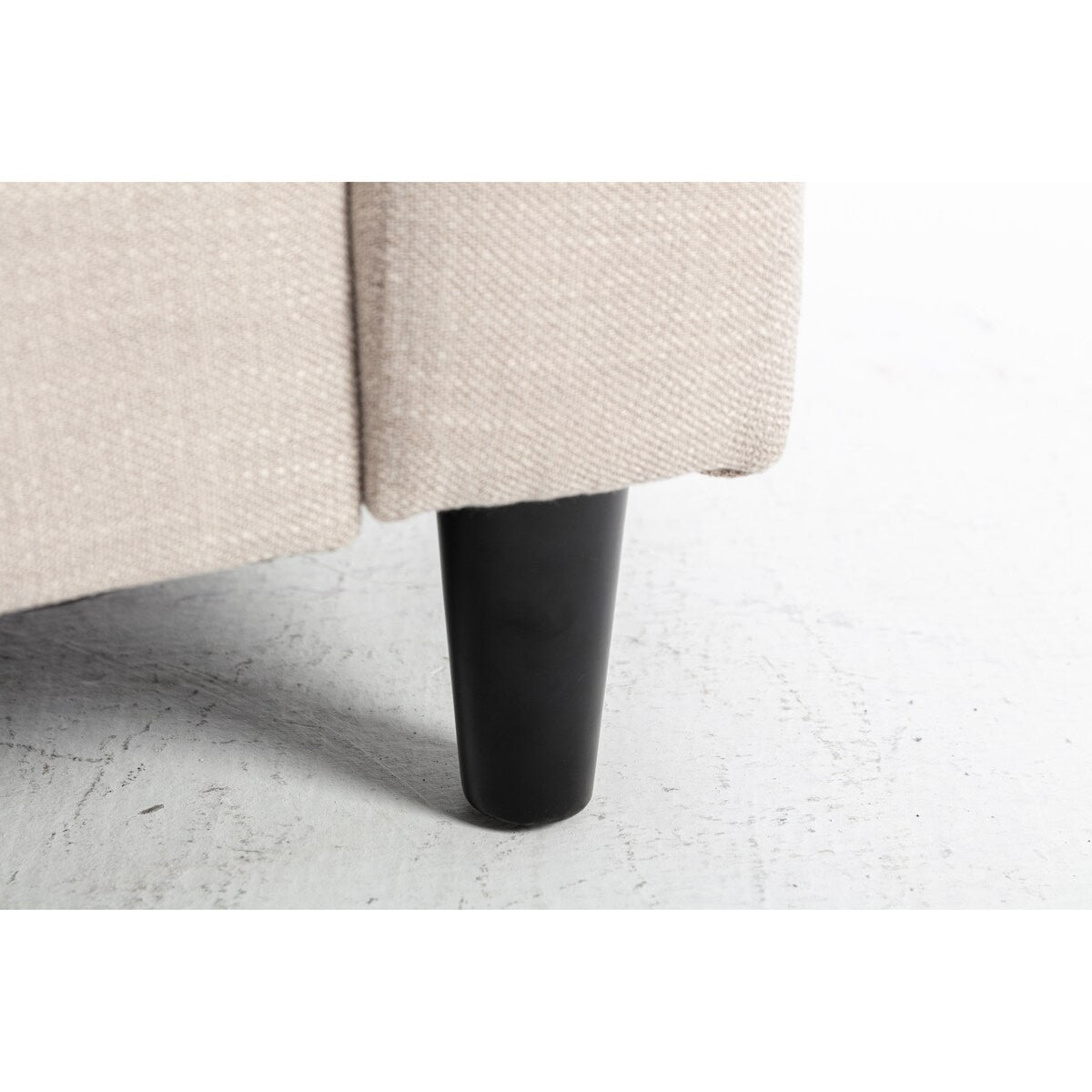 Beige Three-seater linen sofa with wooden base