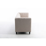 Beige Three-seater linen sofa with wooden base