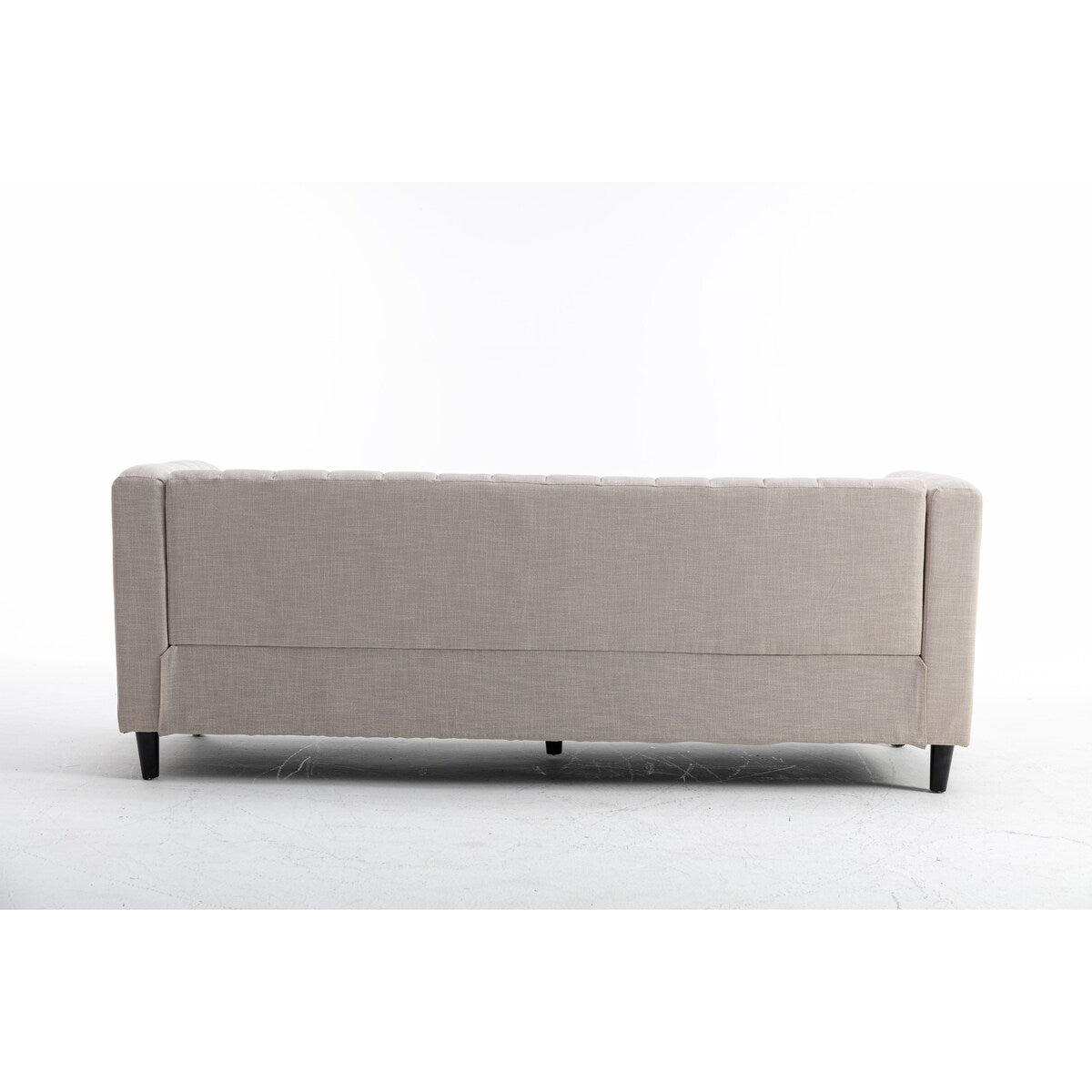 Beige Three-seater linen sofa with wooden base