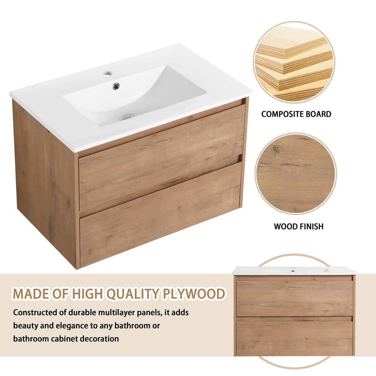 Beingnext 24"/28"/30" Bathroom Vanity with Sink, Floating Bathroom Vanity with Soft Close Drawer