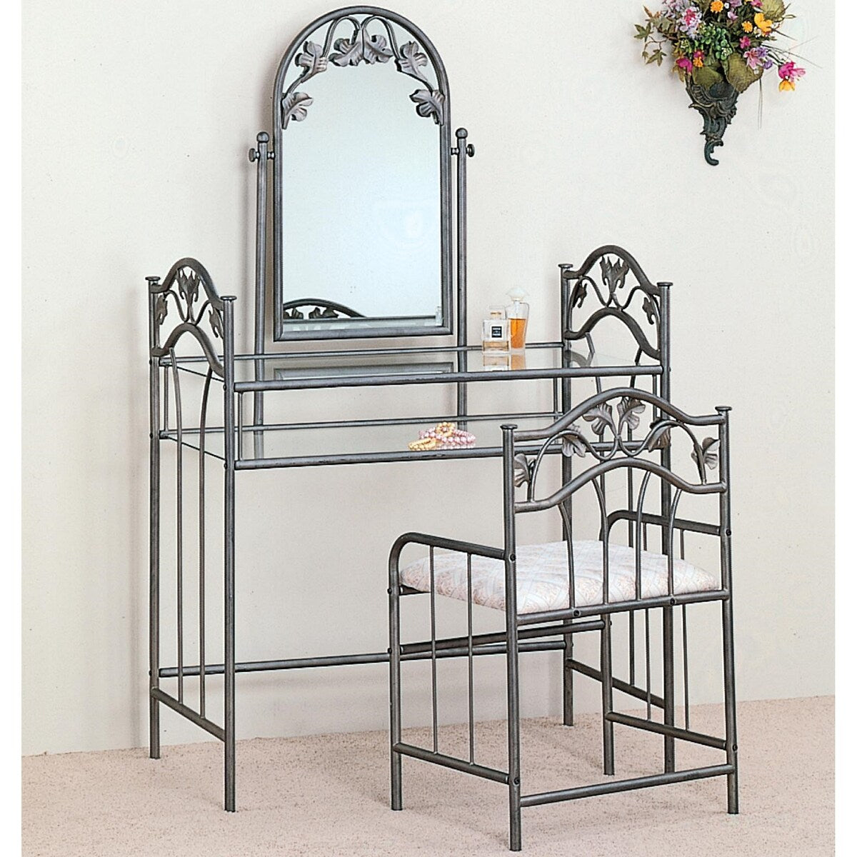 Belcrest Pewter Metal and Glass Make-up Vanity Set
