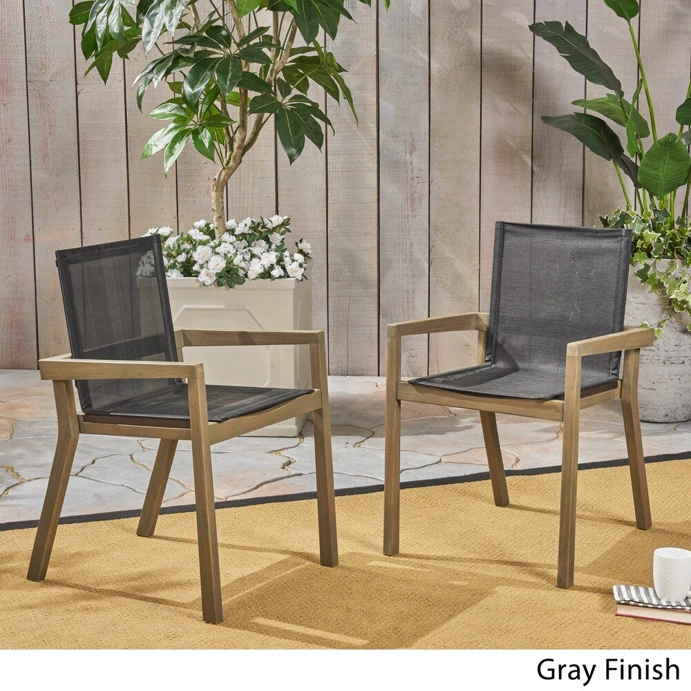 Belfast Outdoor Acacia and Mesh Dining Chairs (Set of 2) by Christopher Knight Home