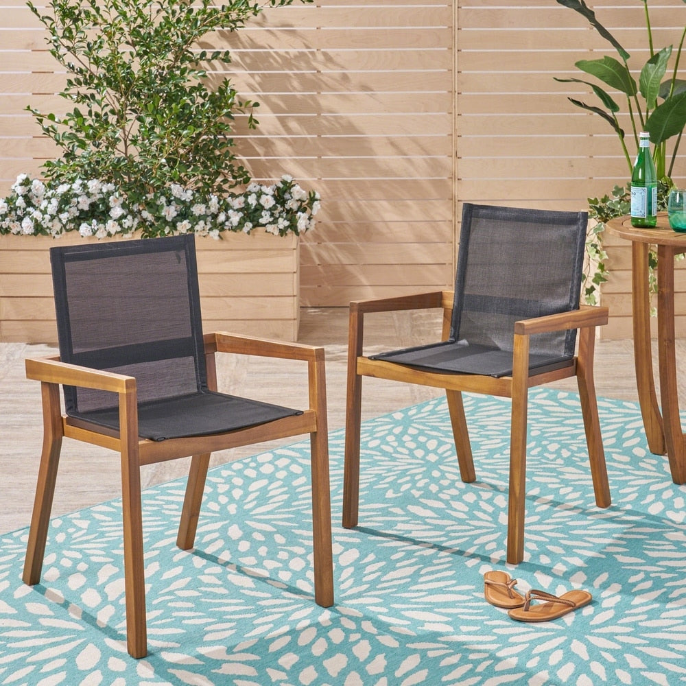 Belfast Outdoor Acacia and Mesh Dining Chairs (Set of 2) by Christopher Knight Home