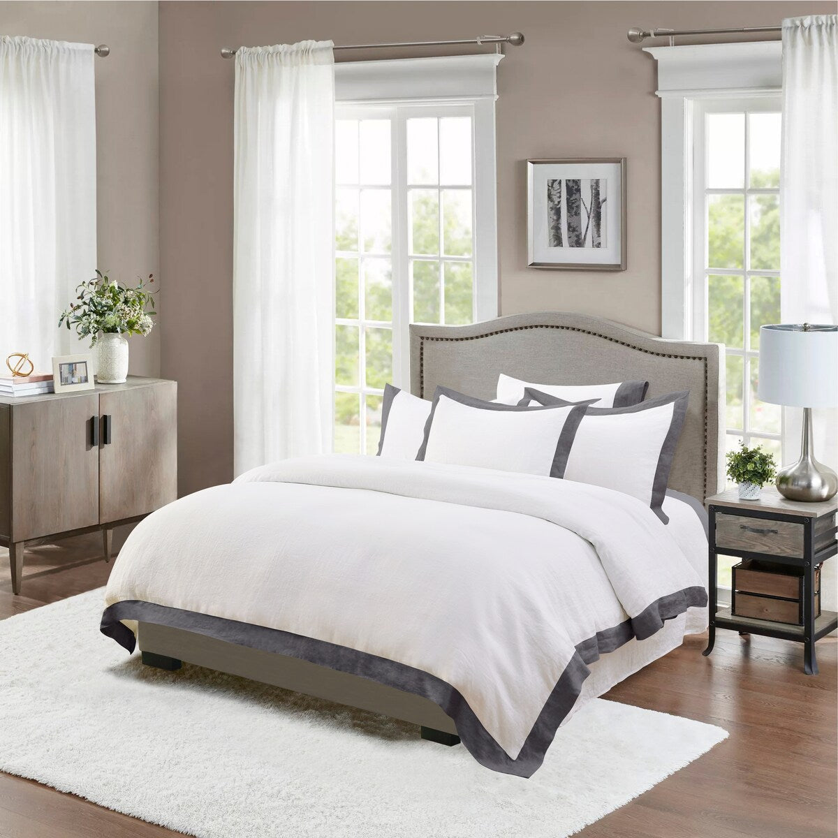 Belgian Flax Linen Collection Border Linen Sheet Set - Grey