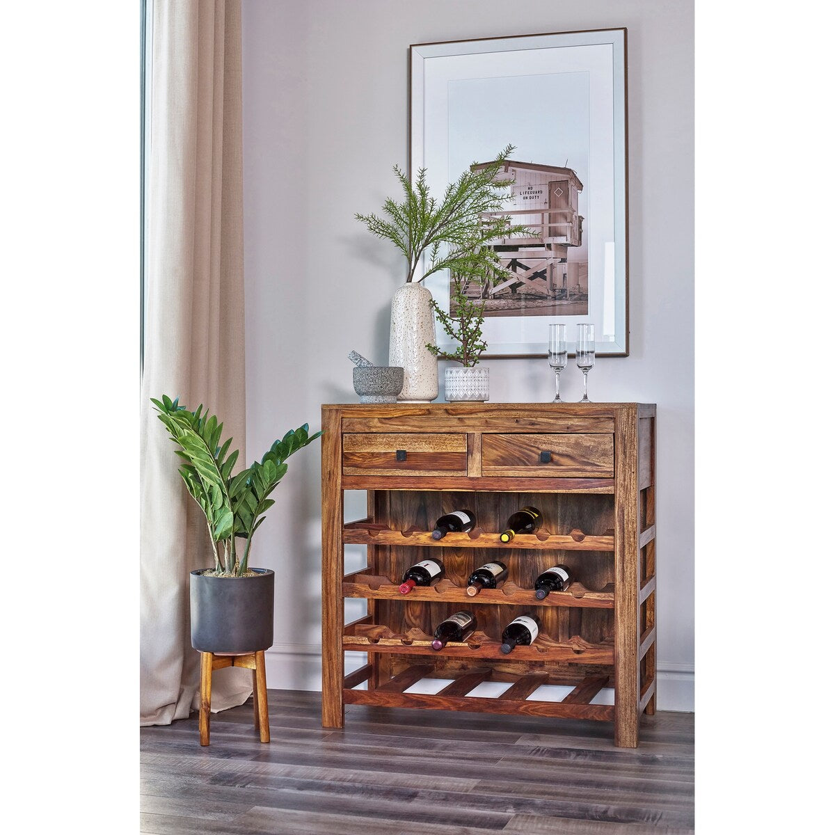 Belize Natural Sheesham 2-drawer Wine Cabinet