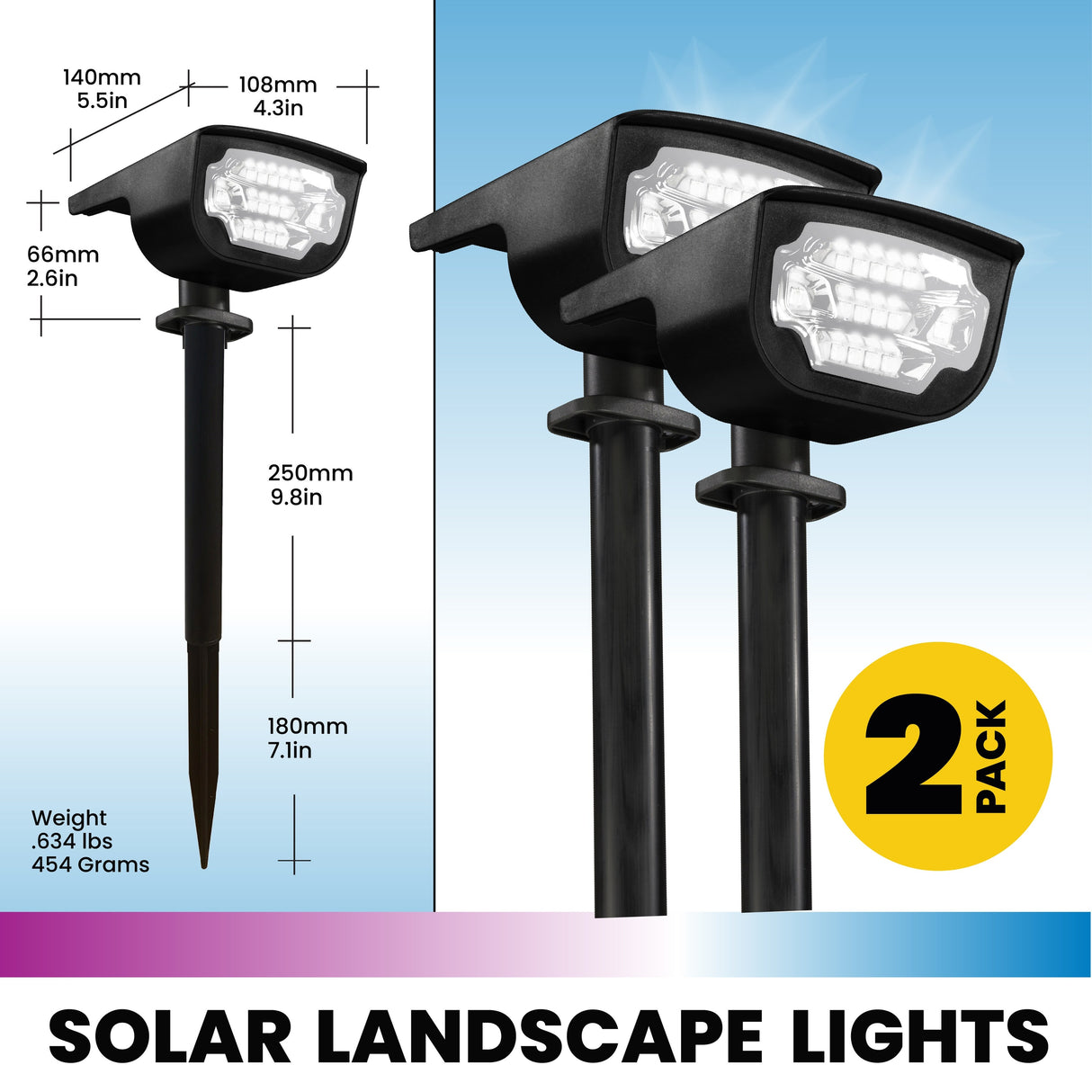 Bell + Howell Bionic Color Burst Solar Powered Waterproof Pathway Lights- 2 Pack - Black
