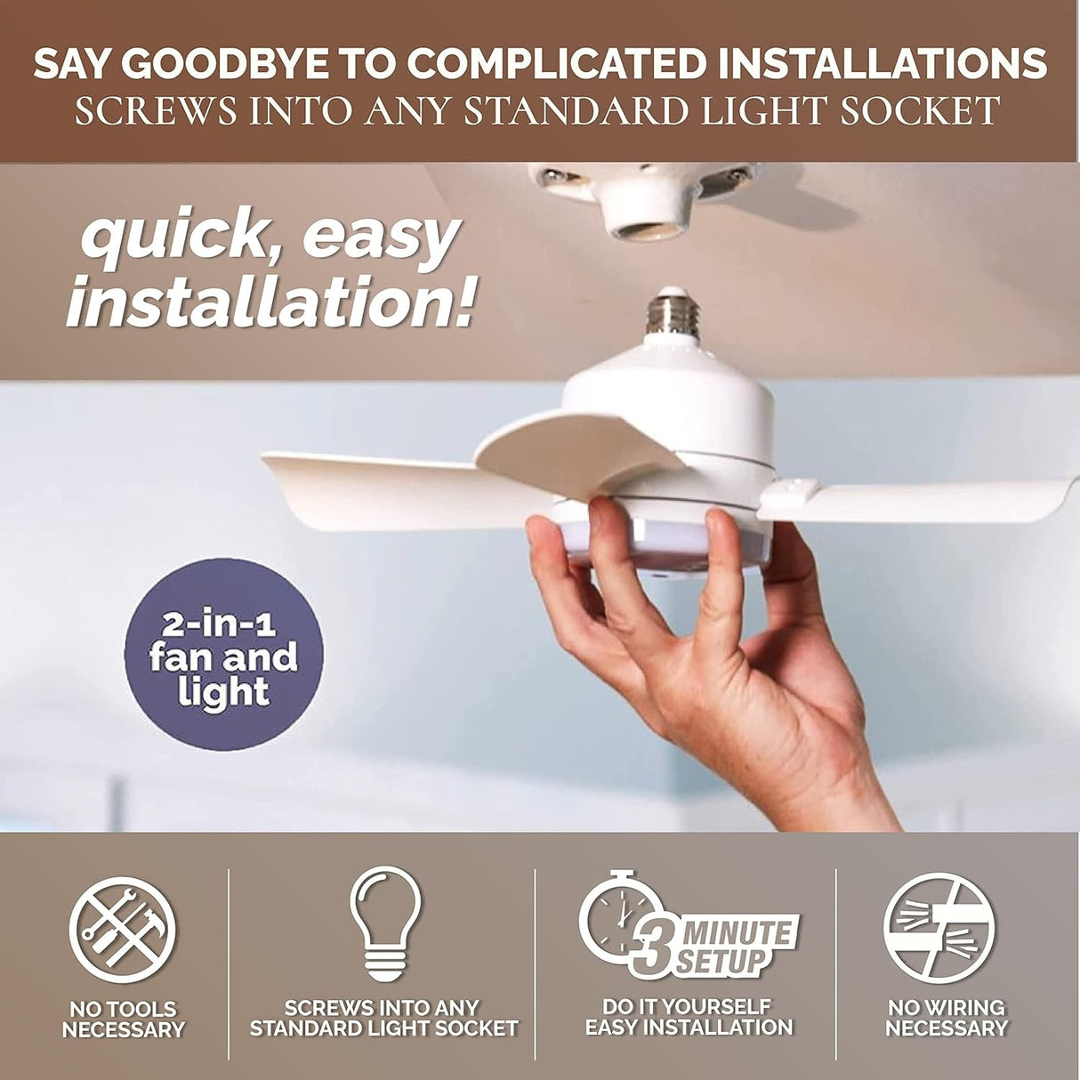 Bell + Howell Socket Fan Ceiling with Warm Light, Screw into Any Light Socket, with Remote Control