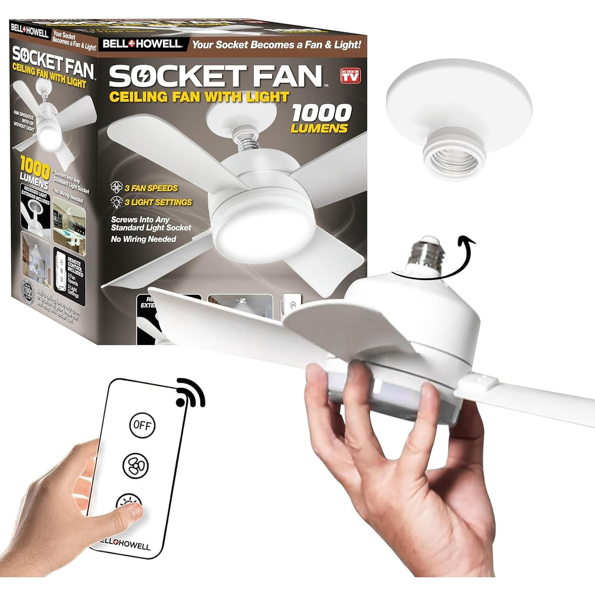 Bell + Howell Socket Fan Ceiling with Warm Light, Screw into Any Light Socket, with Remote Control