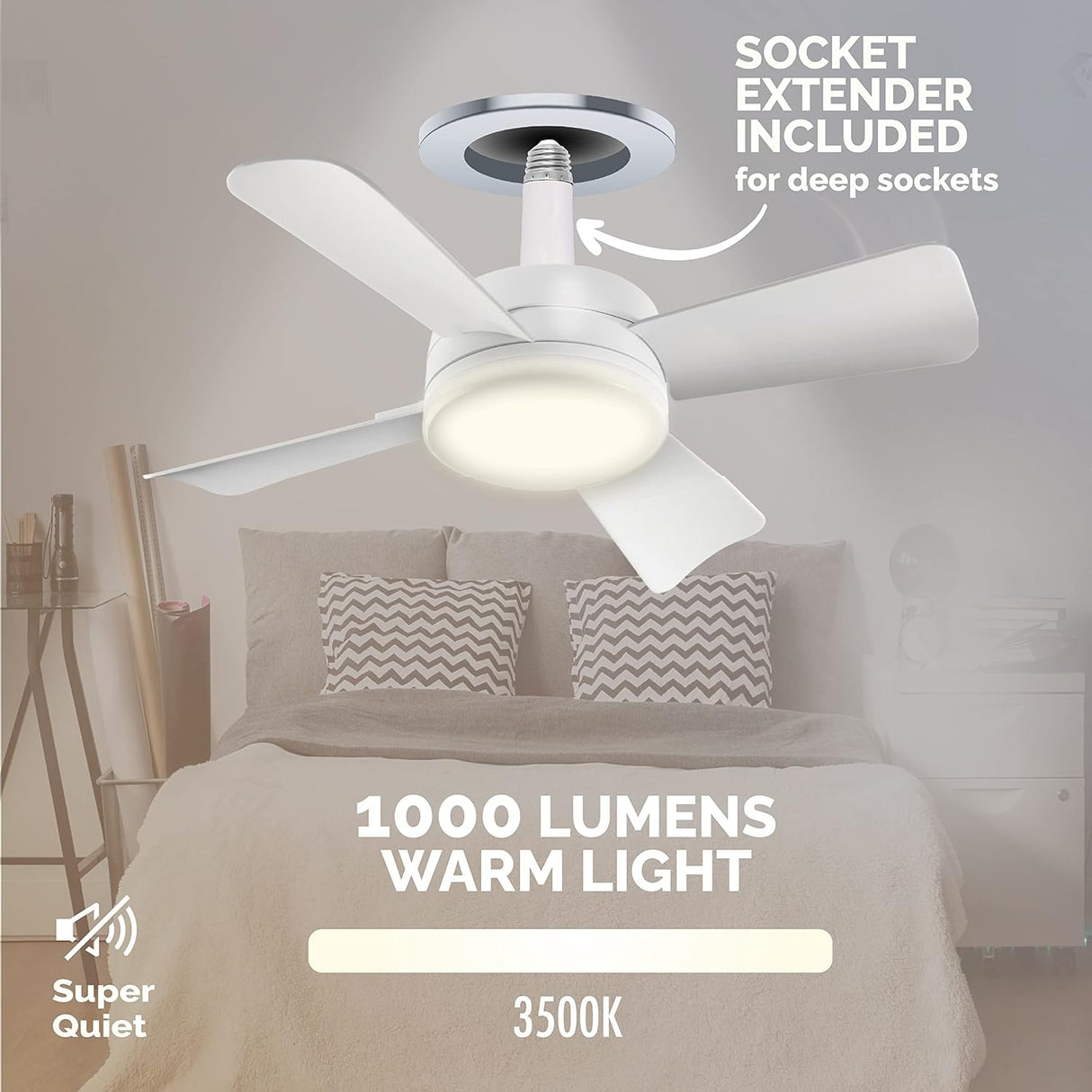 Bell + Howell Socket Fan Ceiling with Warm Light, Screw into Any Light Socket, with Remote Control