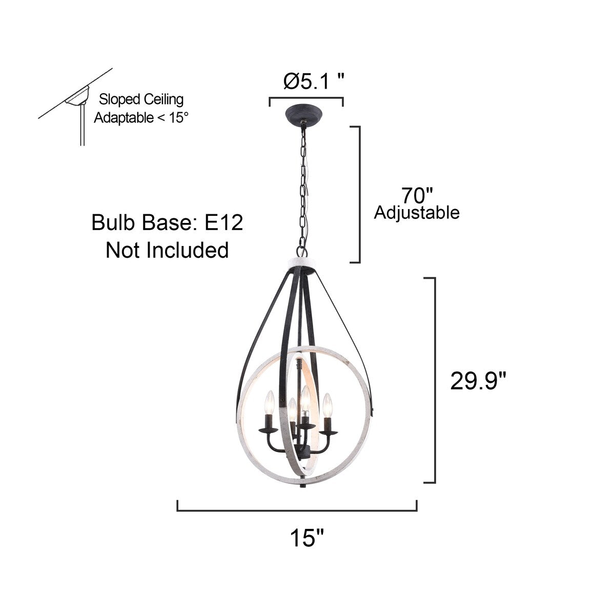 4-Light Rustic Distressed Wood Chandelier Dimmable Pendant Lighting - N/A