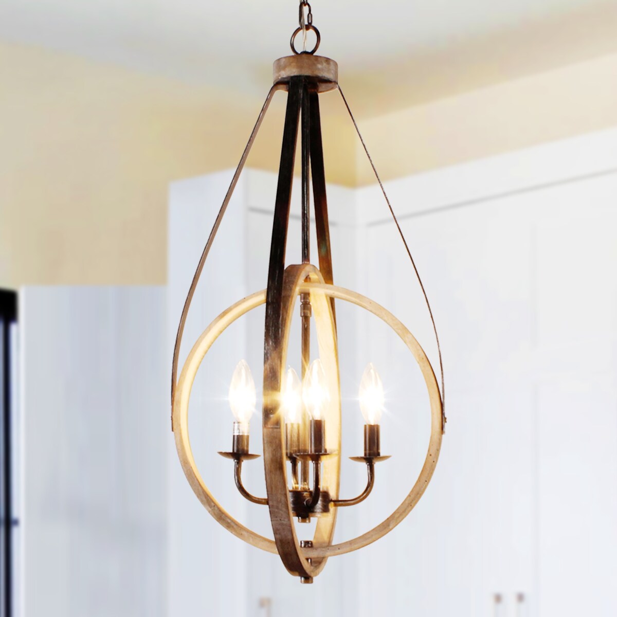 4-Light Rustic Distressed Wood Chandelier Dimmable Pendant Lighting - N/A