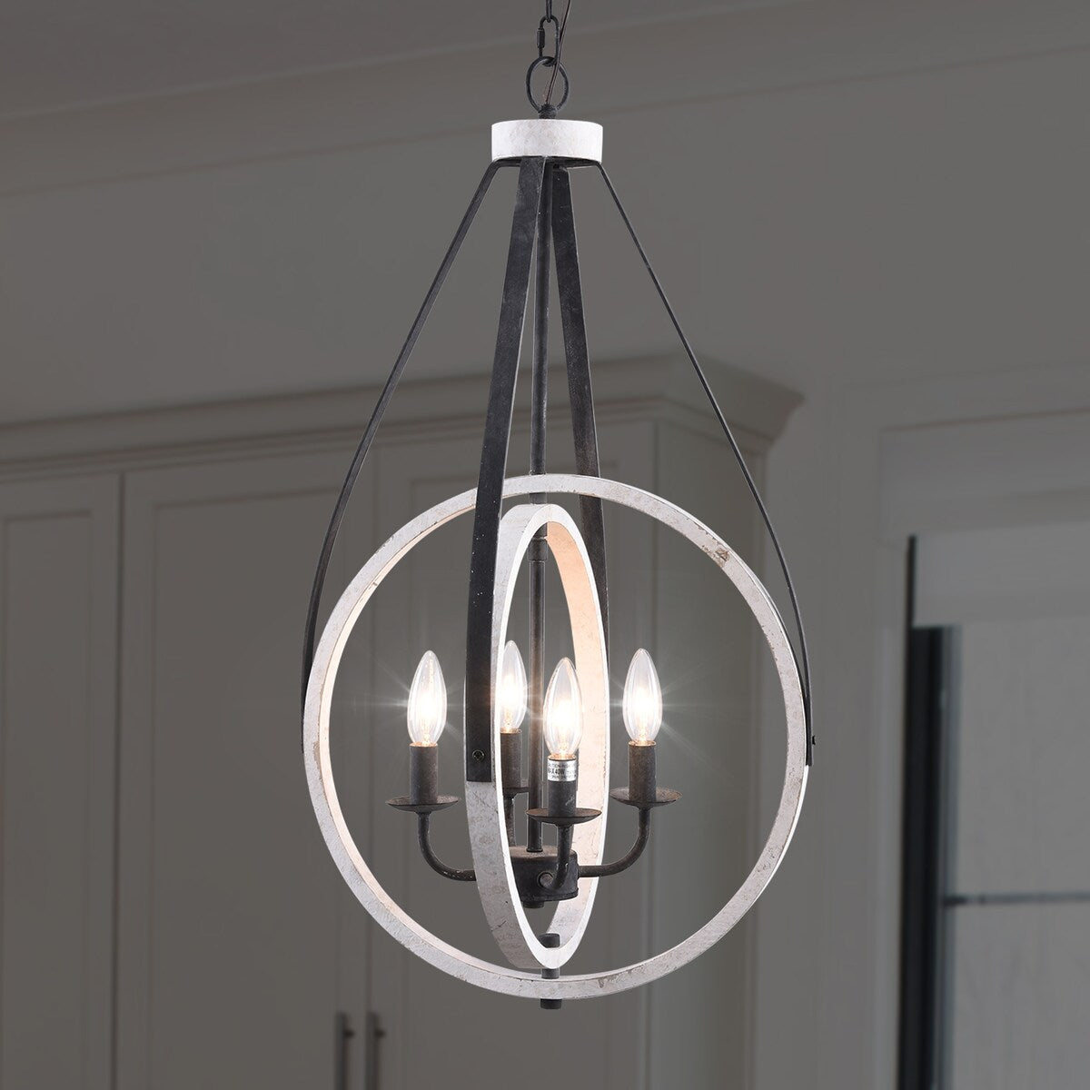 4-Light Rustic Distressed Wood Chandelier Dimmable Pendant Lighting - N/A